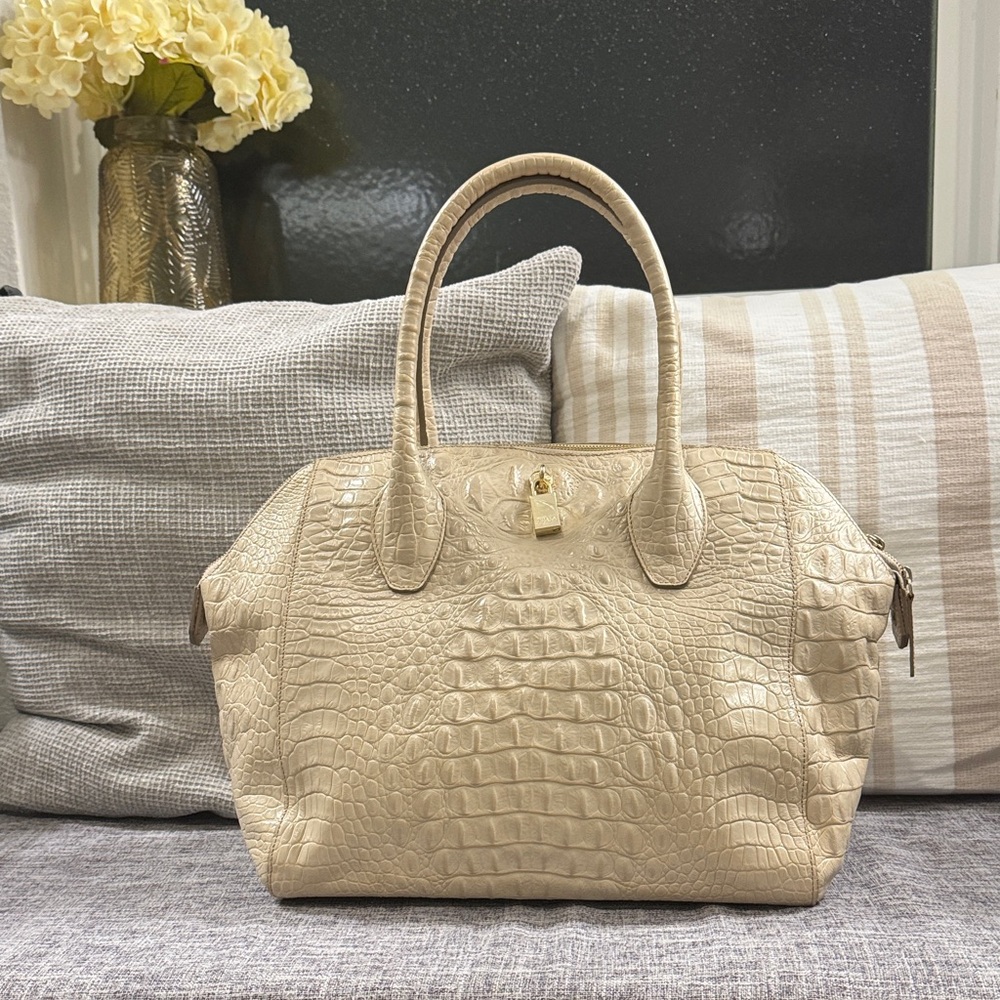 Furla Cream Crocodile-Embossed Handbag with Green Interior
